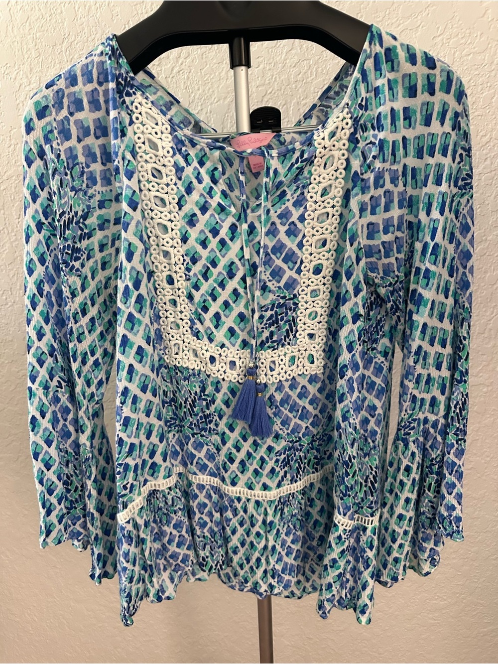 Lilly Pulitzer Blue & Teal Geometric Crochet-Trim Peasant Tunic